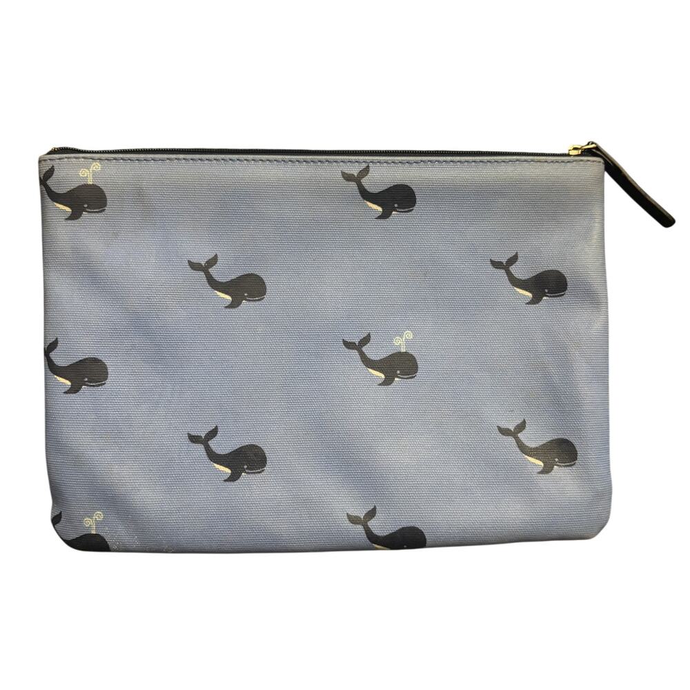 Kate Spade New York Whale Print Cosmetic Pouch Blue Zip Clutch Makeup Bag - Picture 3 of 10